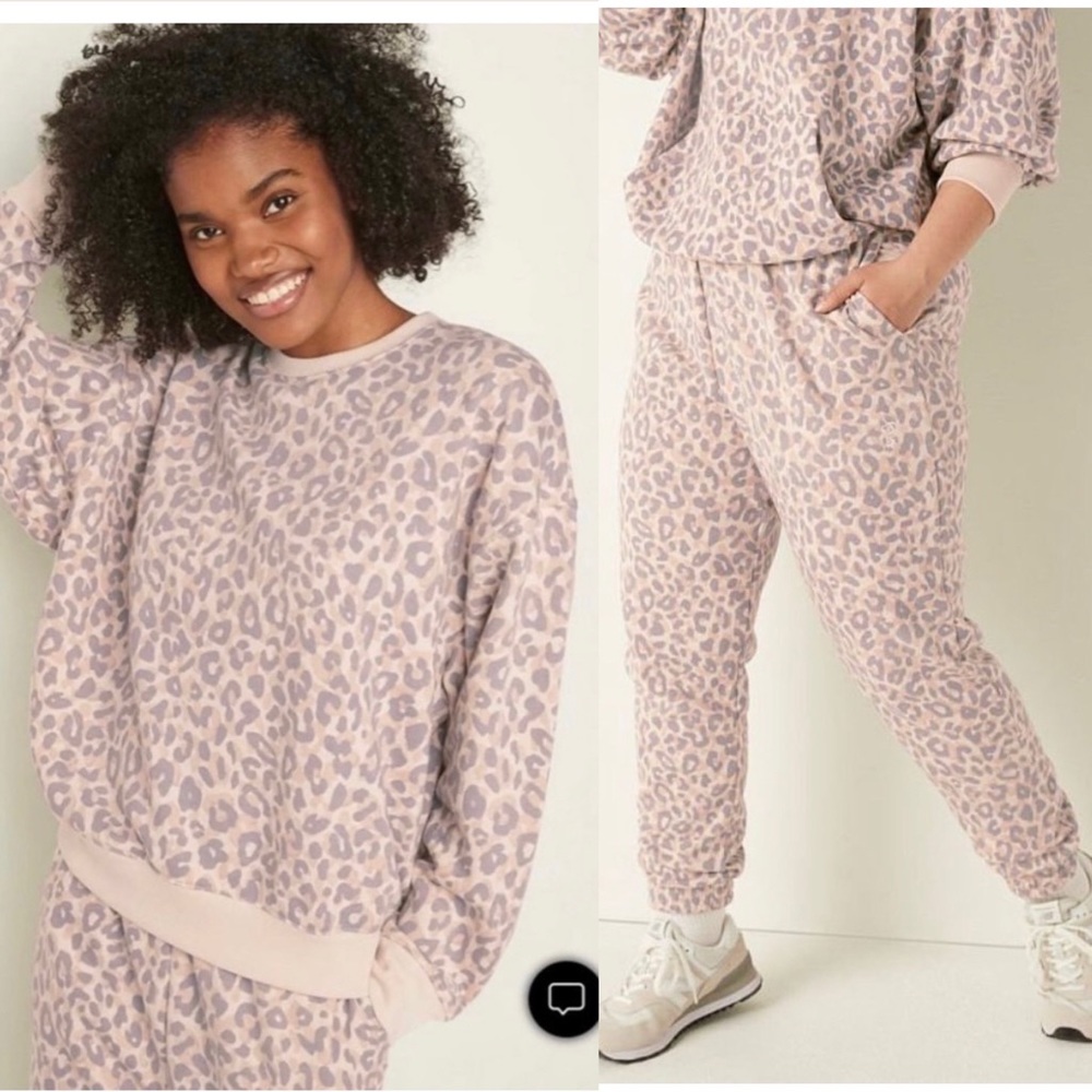 VS Pink Leopard Animal Print High Waist Campus Sweatshirt and Jogger Unisex XS